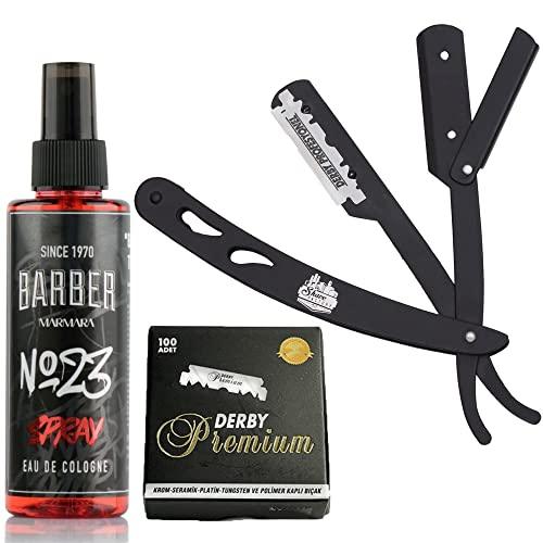 The Shave Factory Straight Edge Razor Kit (Black/Barber No23 50ml Cologne / 100 Derby Premium Single Edge Razor Blades)