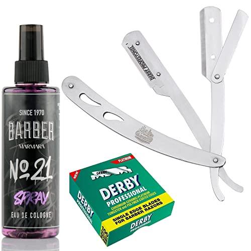 The Shave Factory Straight Edge Razor Kit (Steel Razor/Barber No21 50ml Cologne / 100 Derby Professional Single Edge Razor Blades)