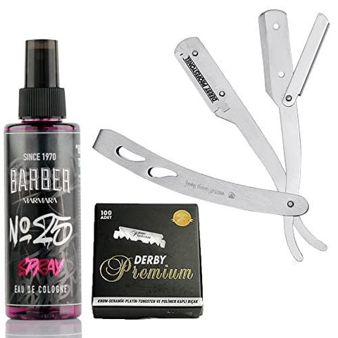 The Shave Factory Straight Edge Razor Kit (Matte/Barber No25 50ml Cologne / 100 Derby Premium Single Edge Razor Blades)