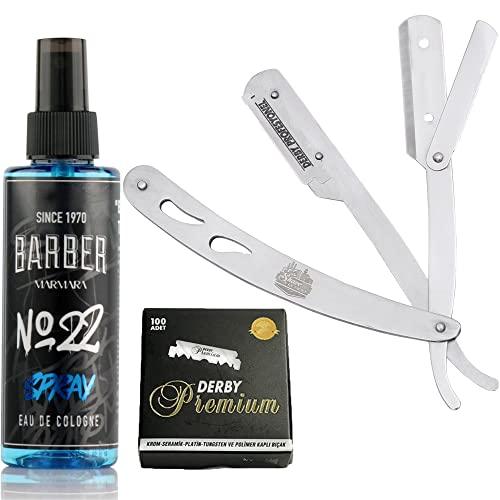 The Shave Factory Straight Edge Razor Kit (Steel Razor/Barber No22 50ml Cologne / 100 Derby Premium Single Edge Razor Blades)