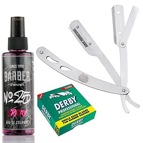 The Shave Factory Straight Edge Razor Kit (Steel Razor/Barber No25 50ml Cologne / 100 Derby Professional Single Edge Razor Blades)