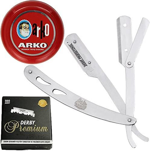 The Shave Factory Straight Edge Razor Kit (Steel Razor/Arko Shaving Soap / 100 Derby Premium Single Edge Razor Blades)