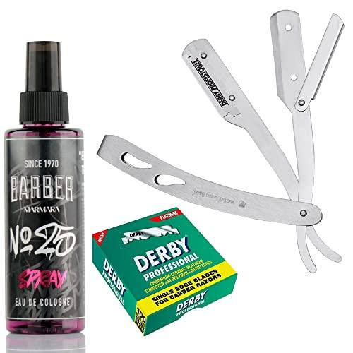 The Shave Factory Straight Edge Razor Kit (Matte/Barber No25 50ml Cologne / 100 Derby Professional Single Edge Razor Blades)