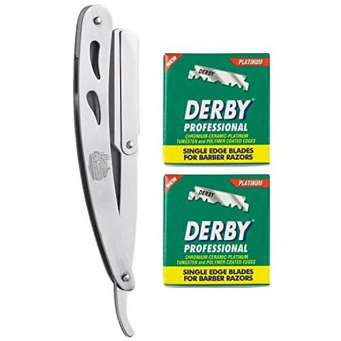 The Shave Factory Straight Edge Razor Kit (Steel Razor / 200 Derby Professional Single Edge Razor Blades)