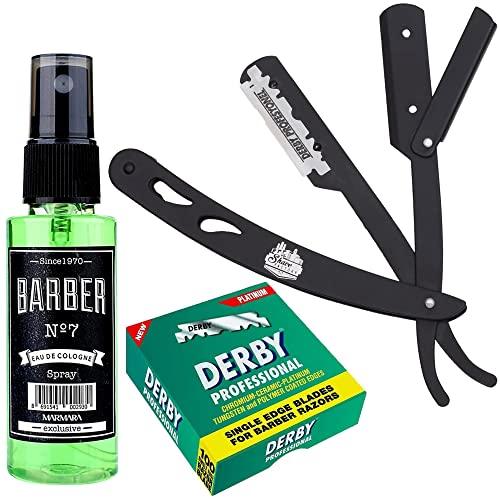 The Shave Factory Straight Edge Razor Kit (Black/Barber No7 Cologne 50ml / 100 Derby Professional Single Edge Razor Blades)