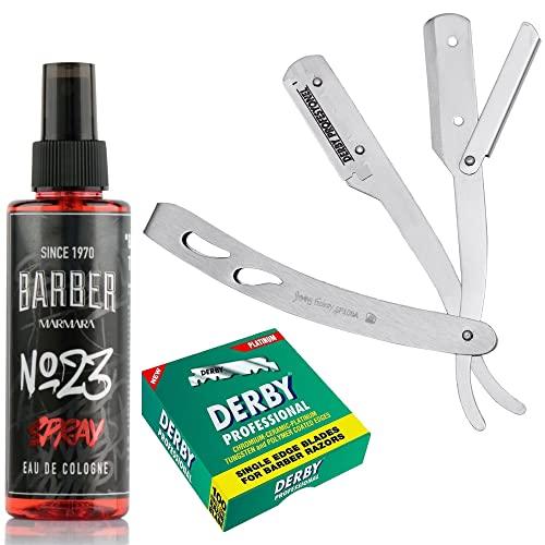 The Shave Factory Straight Edge Razor Kit (Matte/Barber No23 50ml Cologne / 100 Derby Professional Single Edge Razor Blades)