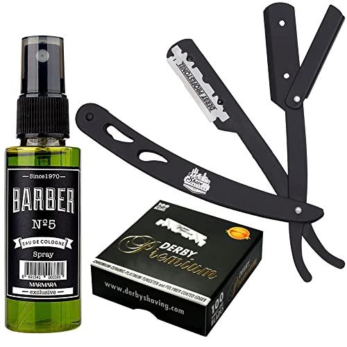 The Shave Factory Straight Edge Razor Kit (Black/Barber No5 Cologne 50ml / 100 Derby Premium Single Edge Razor Blades)