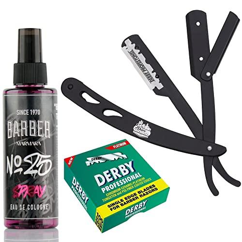 The Shave Factory Straight Edge Razor Kit (Black/Barber No25 50ml Cologne / 100 Derby Professional Single Edge Razor Blades)