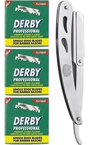 The Shave Factory Straight Edge Razor Kit (Steel Razor / 300 Derby Professional Single Edge Razor Blades)