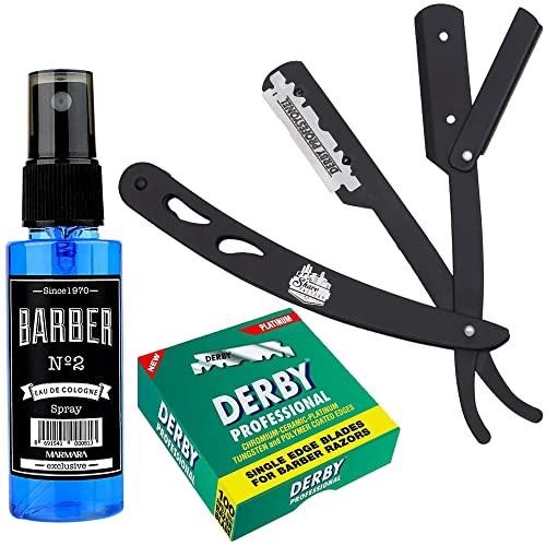 The Shave Factory Straight Edge Razor Kit (Black/Barber No2 Cologne 50ml / 100 Derby Professional Single Edge Razor Blades)