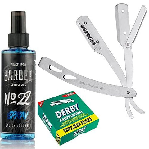 The Shave Factory Straight Edge Razor Kit (Matte/Barber No22 50ml Cologne / 100 Derby Professional Single Edge Razor Blades)