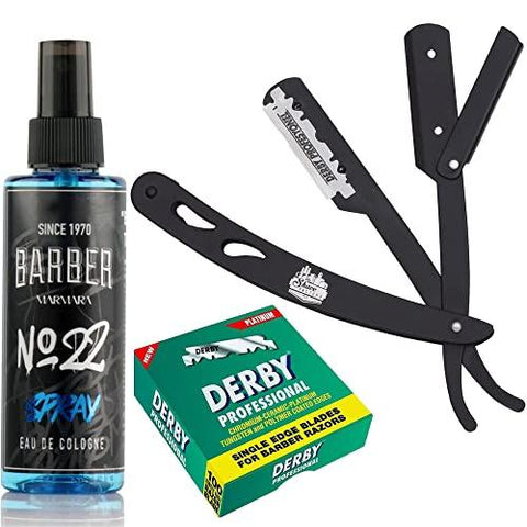 The Shave Factory Straight Edge Razor Kit (Black/Barber No22 50ml Cologne / 100 Derby Professional Single Edge Razor Blades)