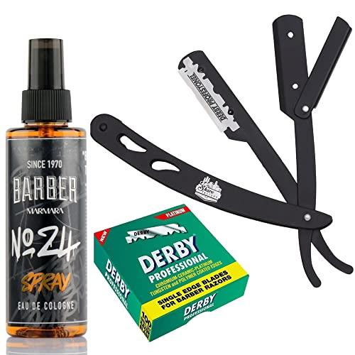 The Shave Factory Straight Edge Razor Kit (Black/Barber No24 50ml Cologne / 100 Derby Professional Single Edge Razor Blades)