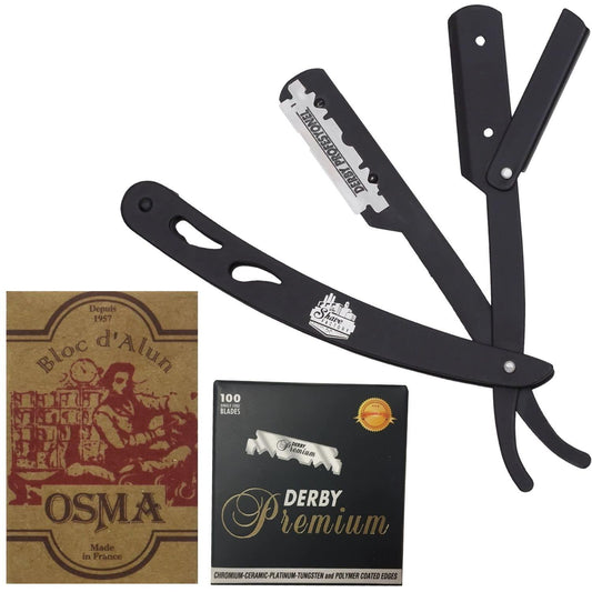 The Shave Factory Straight Edge Razor Kit (Black / 100 Derby Premium Single Edge Razor Blades/Osma Alum Block)