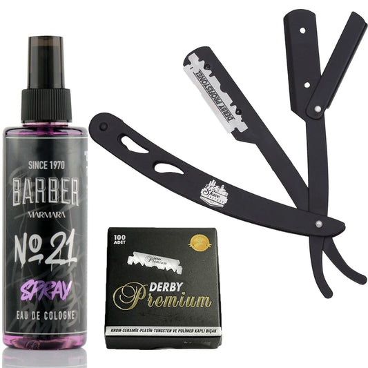 The Shave Factory Straight Edge Razor Kit (Black/Barber No21 50ml Cologne / 100 Derby Premium Single Edge Razor Blades)