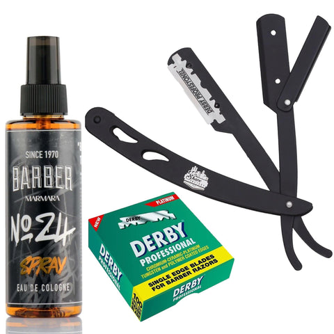 The Shave Factory Straight Edge Razor Kit (Black/Barber No24 50ml Cologne / 100 Derby Professional Single Edge Razor Blades)