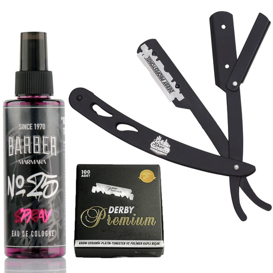 The Shave Factory Straight Edge Razor Kit (Black/Barber No25 50ml Cologne / 100 Derby Premium Single Edge Razor Blades)