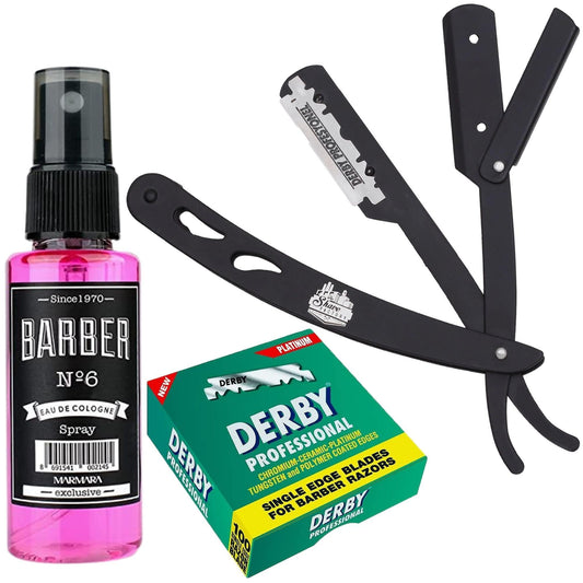 The Shave Factory Straight Edge Razor Kit (Black/Barber No6 Cologne 50ml / 100 Derby Professional Single Edge Razor Blades)