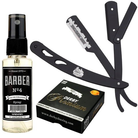 The Shave Factory Straight Edge Razor Kit (Black/Barber No4 Cologne 50ml / 100 Derby Premium Single Edge Razor Blades)