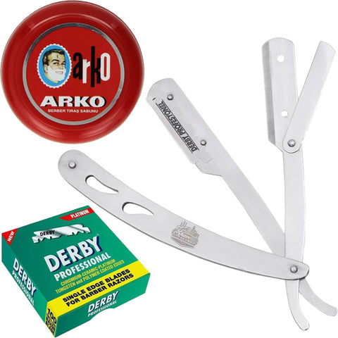 The Shave Factory Straight Edge Razor Kit (Steel Razor/Arko Shaving Soap / 100 Derby Professional Single Edge Razor Blades)