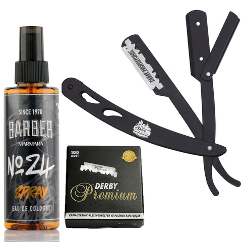 The Shave Factory Straight Edge Razor Kit (Black/Barber No24 50ml Cologne / 100 Derby Premium Single Edge Razor Blades)