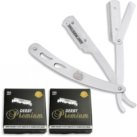 The Shave Factory Straight Edge Razor Kit (Steel Razor / 200 Derby Premium Single Edge Razor Blades)