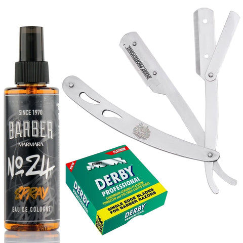 The Shave Factory Straight Edge Razor Kit (Steel Razor/Barber No24 50ml Cologne / 100 Derby Professional Single Edge Razor Blades)