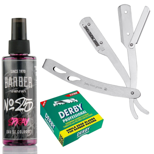 The Shave Factory Straight Edge Razor Kit (Matte/Barber No25 50ml Cologne / 100 Derby Professional Single Edge Razor Blades)