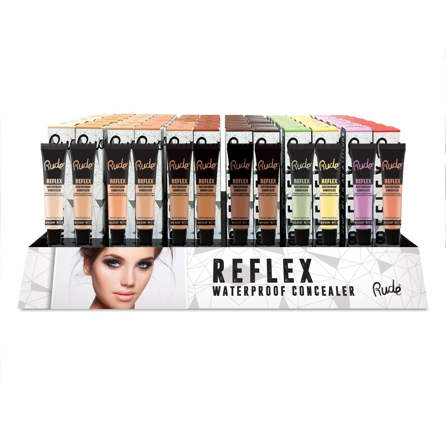 RUDE Reflex Waterproof Concealer Acrylic Display Set, 144 Pieces + 12 Testers